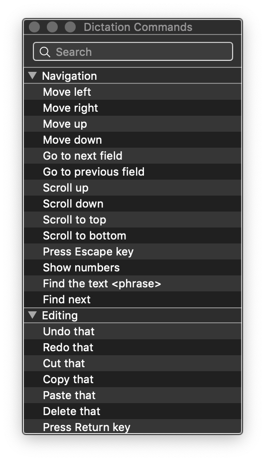 Apple Dictation Commands dialog. Navigation: move left, move right, move up, move down, got to next field, go to previous field, scroll up, scroll down, scroll to top, scroll to bottom, press Escape key, show numbers, find the text , find next. Editing: undo that, redo that, cut that, copy that, paste that, delete that, press Return key.