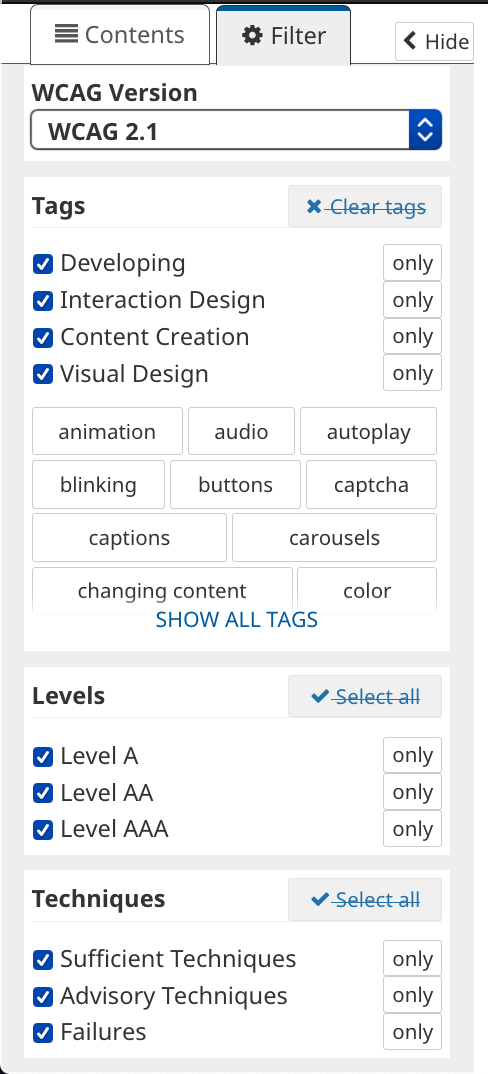 Filter tab open revealing options like version, tags, levels, and techniques.