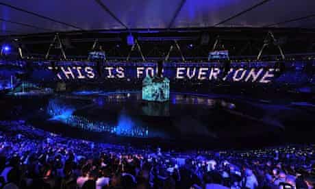 Lights around a stadium spell out, "This is for everyone"